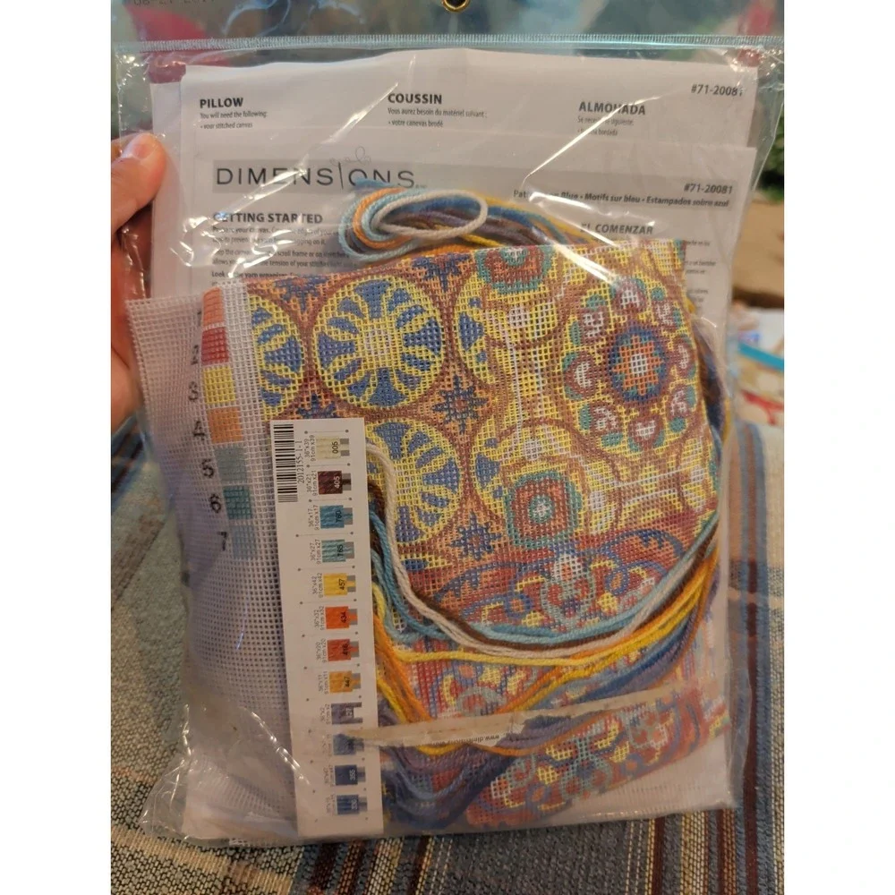 New Dimensions Needlepoint Pillow Kit 71-20081 Patterns On Blue Motif 14 X 14